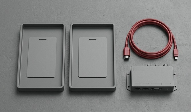 Conceptual AI illustration: Two blank access cards in separate trays beside a cable and small module.