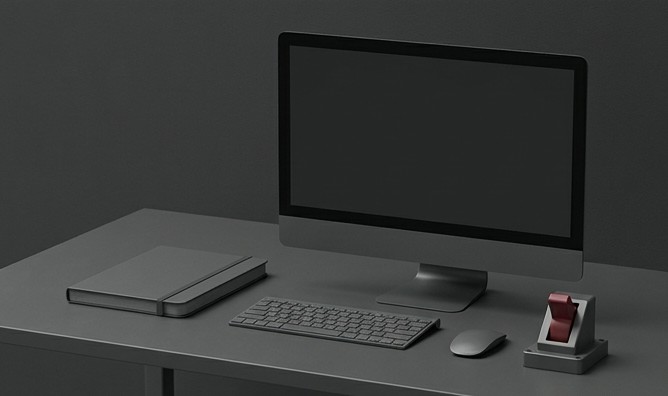 Conceptual AI illustration: A blank-screen release workstation beside a notebook and crimson approval switch.