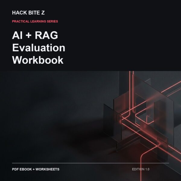 Cover of AI and RAG Evaluation Workbook by Hack Bite Z, with dark panels and red light paths