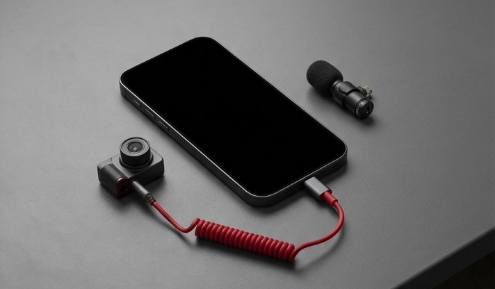 Conceptual AI illustration: A phone connected to a small camera while a microphone remains separate.