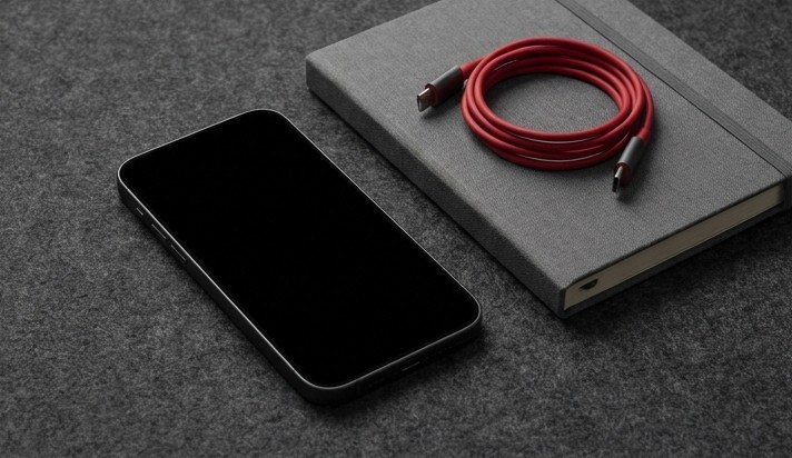 Conceptual AI illustration: An unused phone beside a closed notebook and neatly coiled crimson cable.