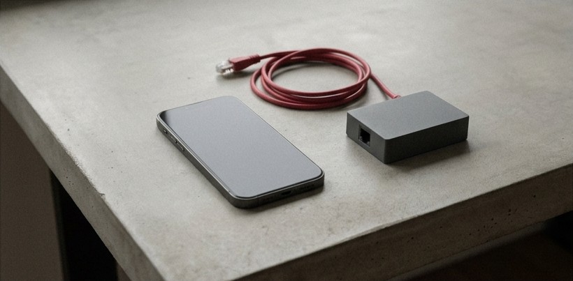 Conceptual AI illustration: A blank-screen smartphone beside a crimson cable and networking module.