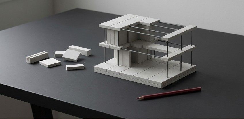 Conceptual AI illustration: An architectural model with unassembled components and a crimson pencil.