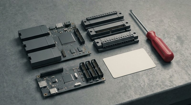 Conceptual AI illustration: Modular circuit boards beside a red screwdriver and blank configuration card.