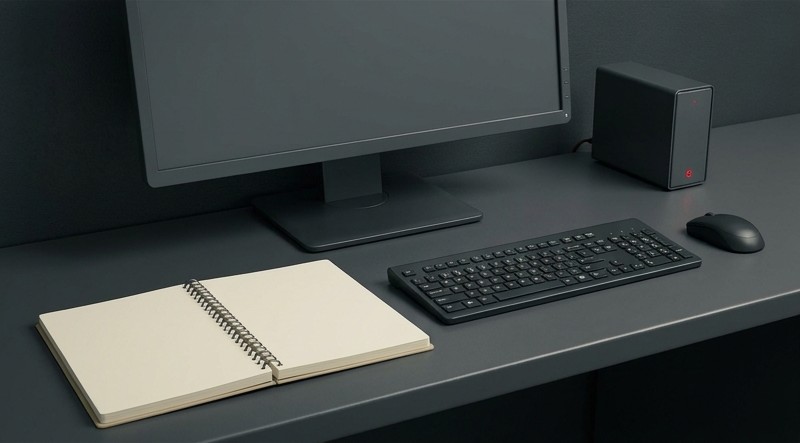 Conceptual AI illustration: An administration monitor beside a backup appliance and blank notebook.