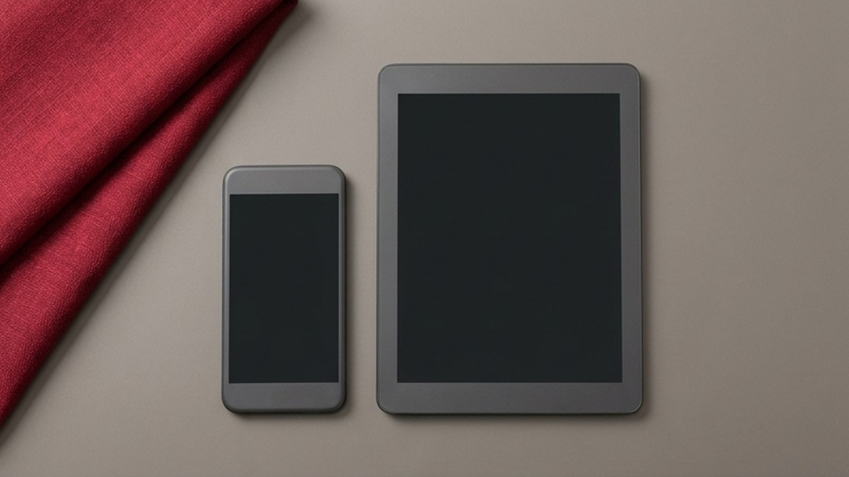 Conceptual AI illustration: A blank-screen phone and tablet beside crimson fabric.