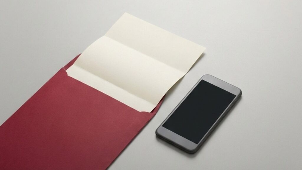 Conceptual AI illustration: A blank document in a crimson sleeve beside a phone.