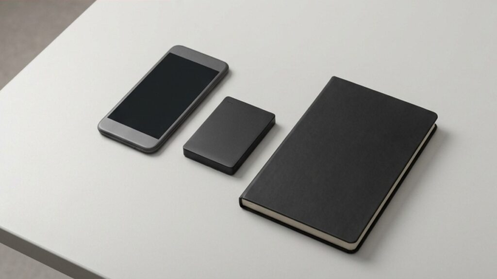 Conceptual AI illustration: A phone, independent storage device, and closed notebook.