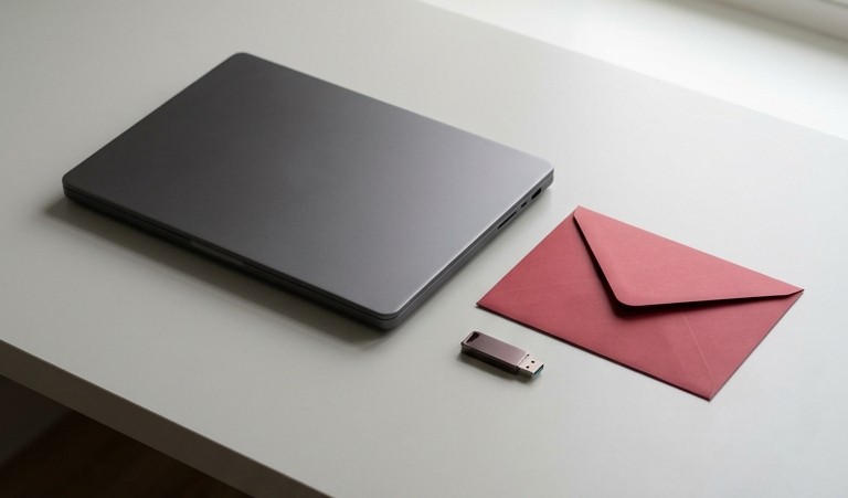 Conceptual AI illustration: A closed laptop beside a crimson recovery envelope and separate USB drive.