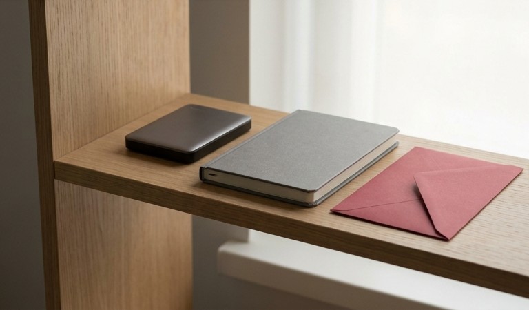 Conceptual AI illustration: An independent backup drive on a shelf beside a notebook and recovery envelope.