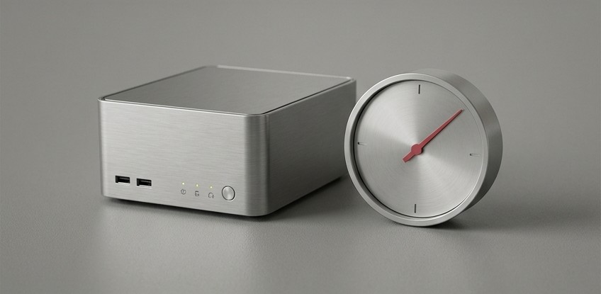 Conceptual AI illustration: A server appliance beside a simple unnumbered clock with a red hand.