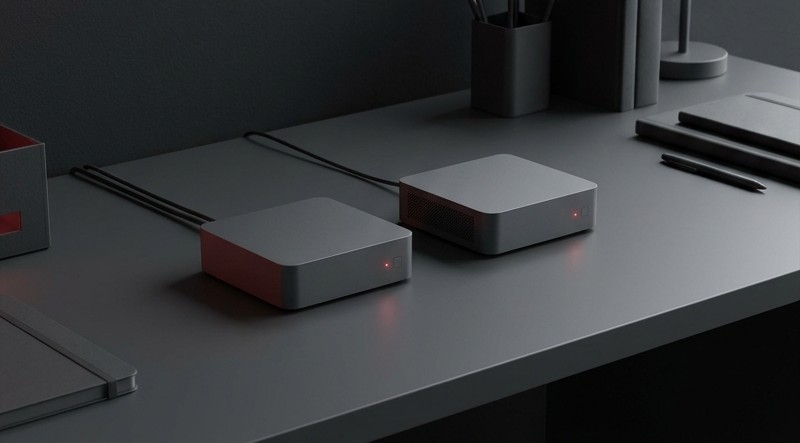 Conceptual AI illustration: Two compact computers in a controlled test workspace.