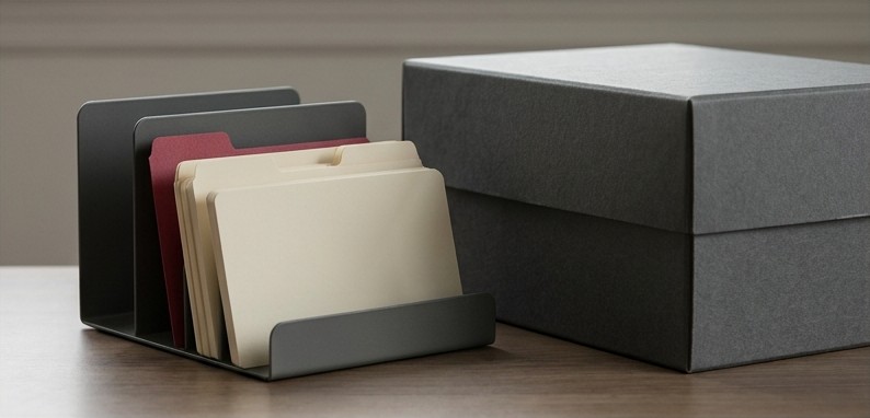 Conceptual AI illustration: A limited archive rack beside a larger closed box with a crimson divider.