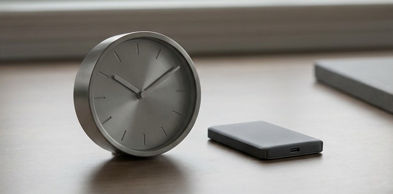 Conceptual AI illustration: A numeral-free metal clock beside a compact storage drive.