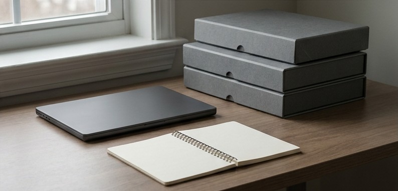 Conceptual AI illustration: A closed laptop, blank investigation notebook and three archive cases.