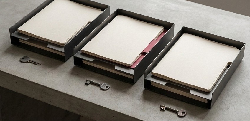 Conceptual AI illustration: Three graphite document trays, each paired with a separate unmarked key.