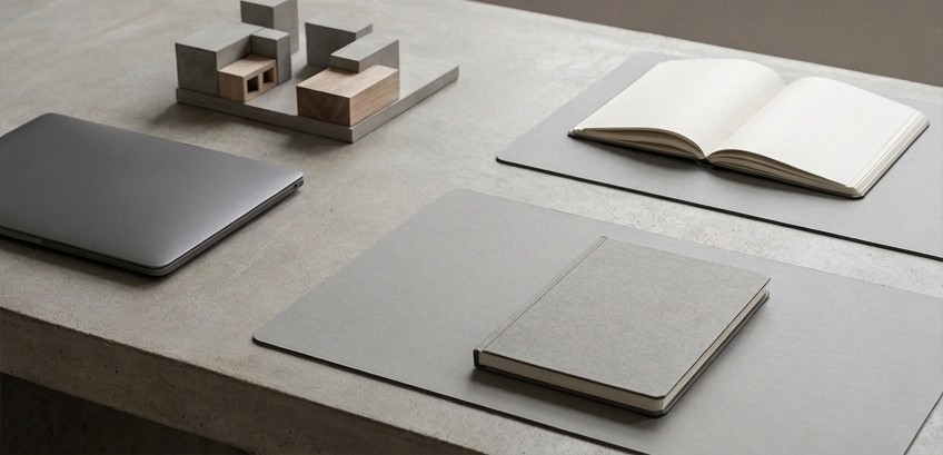Conceptual AI illustration: A plain closed laptop, modular model and two blank review notebooks.