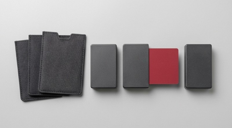 Conceptual AI illustration: Three service-like modules and one crimson card with separate sleeves.