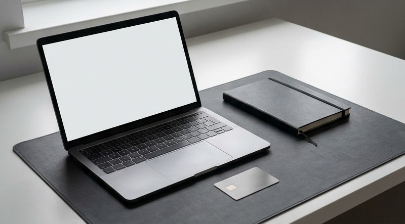 Conceptual AI illustration: A blank-screen laptop, closed notebook, and independent access card.