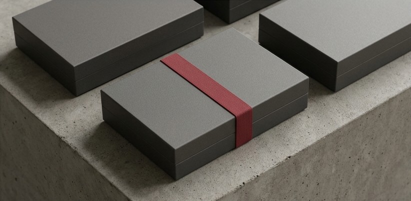 Conceptual AI illustration: Graphite component boxes with one sealed by a narrow crimson band.
