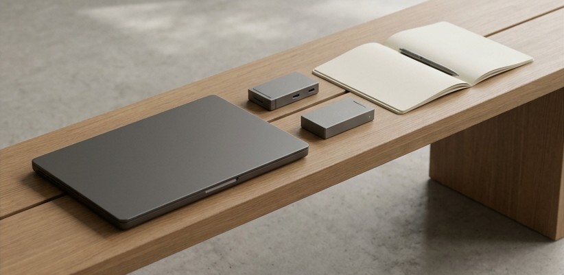 Conceptual AI illustration: A closed laptop beside two hardware modules and a blank release notebook.