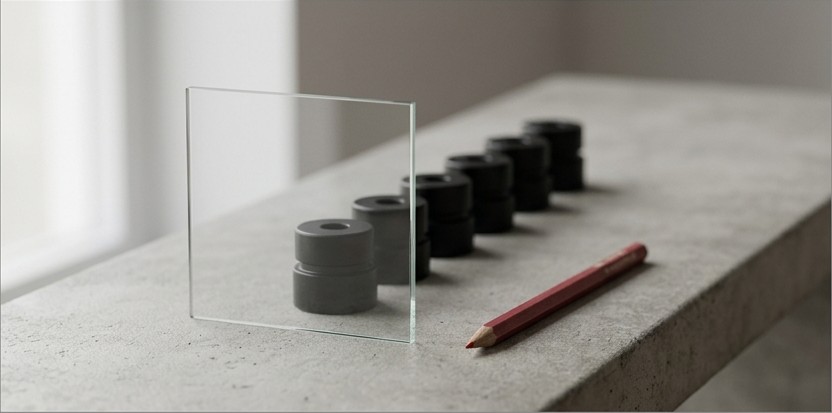 Conceptual AI illustration: A glass inspection screen in front of dark components beside a crimson pencil.