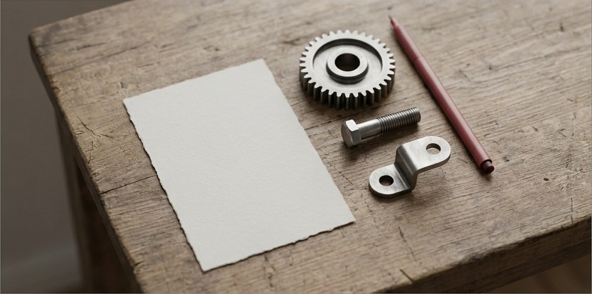 Conceptual AI illustration: Blank inspection paper beside three distinct metal components.