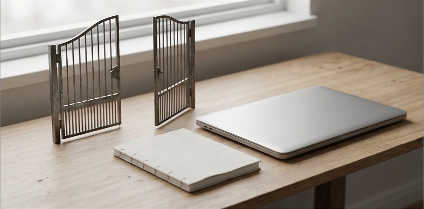 Conceptual AI illustration: An open miniature metal gate beside a closed laptop and blank notebook.