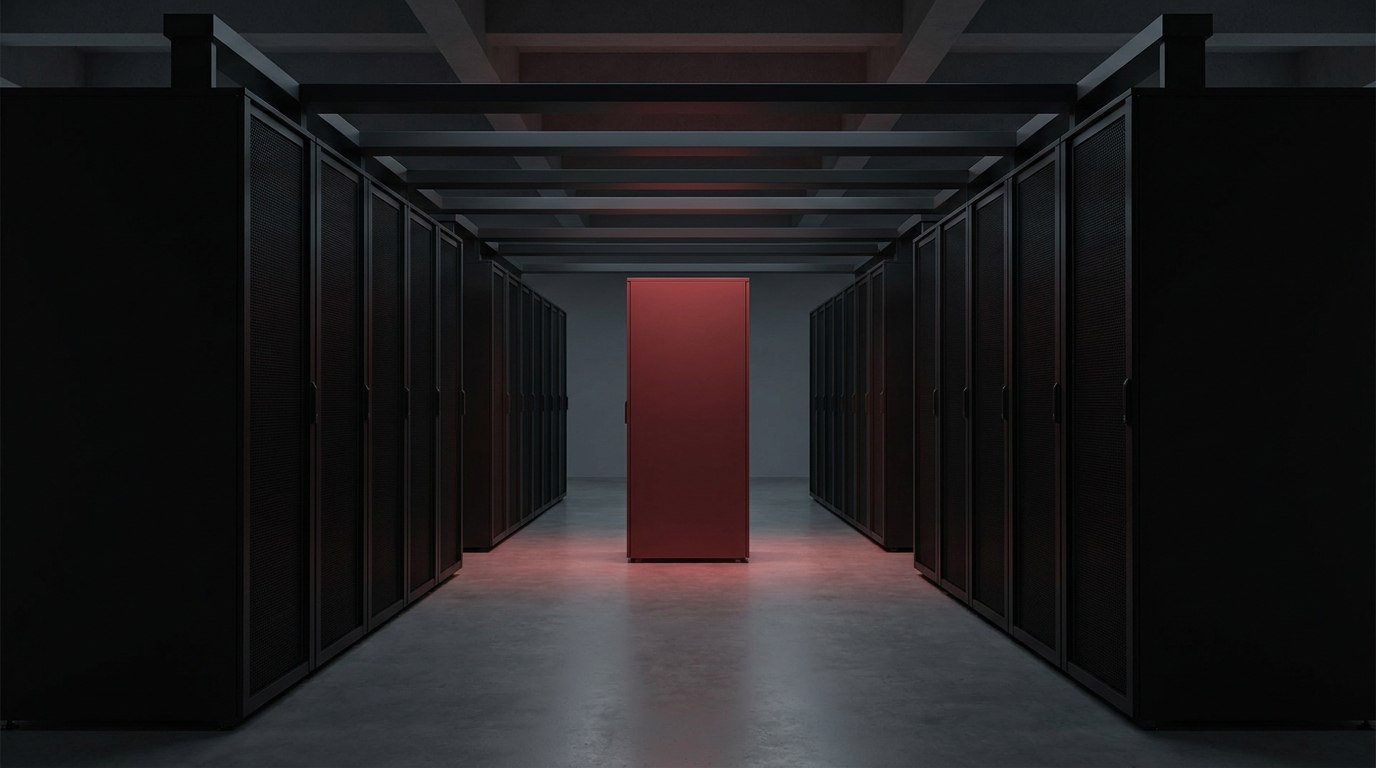 Conceptual AI illustration of an isolated crimson server module among charcoal racks.