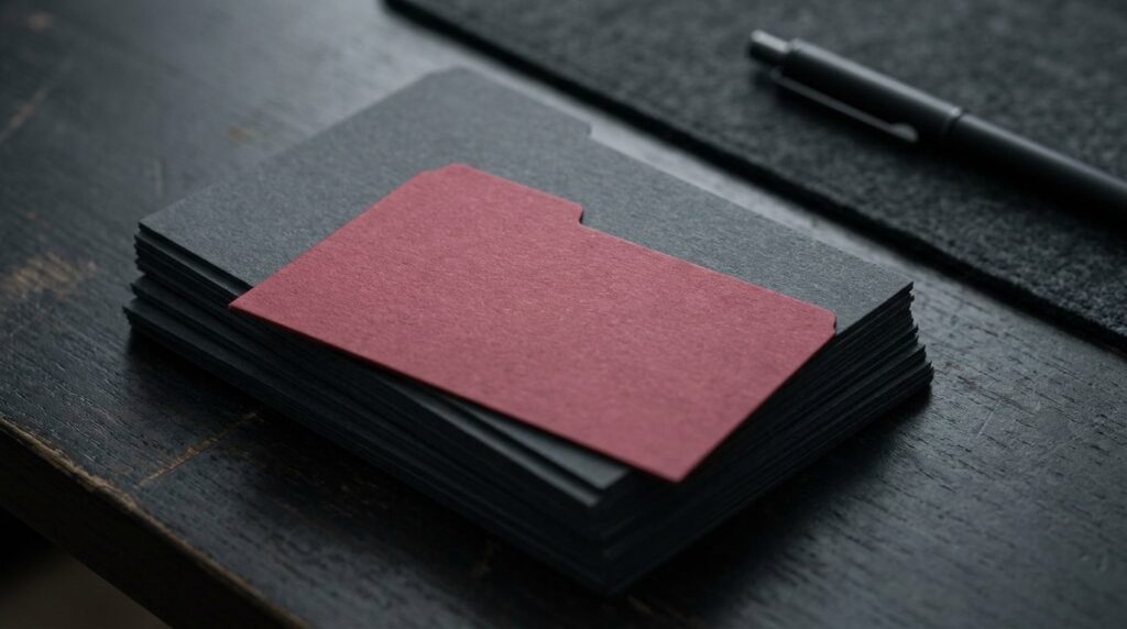 Conceptual AI illustration of a crimson decoy folder among blank charcoal cards.