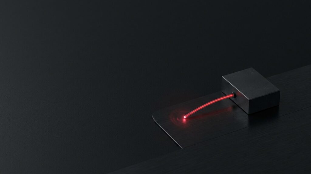 Conceptual AI illustration of a red optical signal connected to a monitoring device.