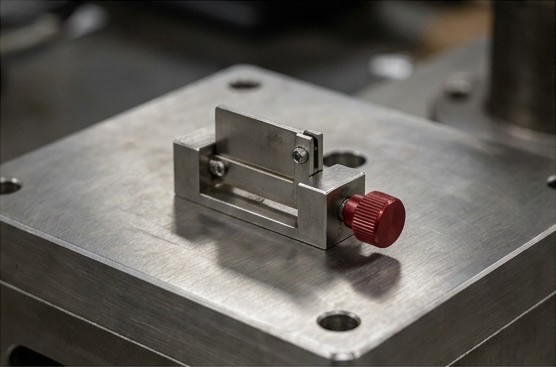 Conceptual AI illustration: A steel test gate fixture with a crimson adjustment knob.