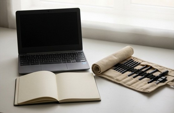 Conceptual AI illustration: A blank-screen laptop beside a pilot-review notebook and fitted toolkit.
