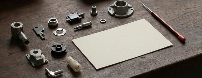 Conceptual AI illustration: Mechanical components beside a blank review card and crimson pencil.