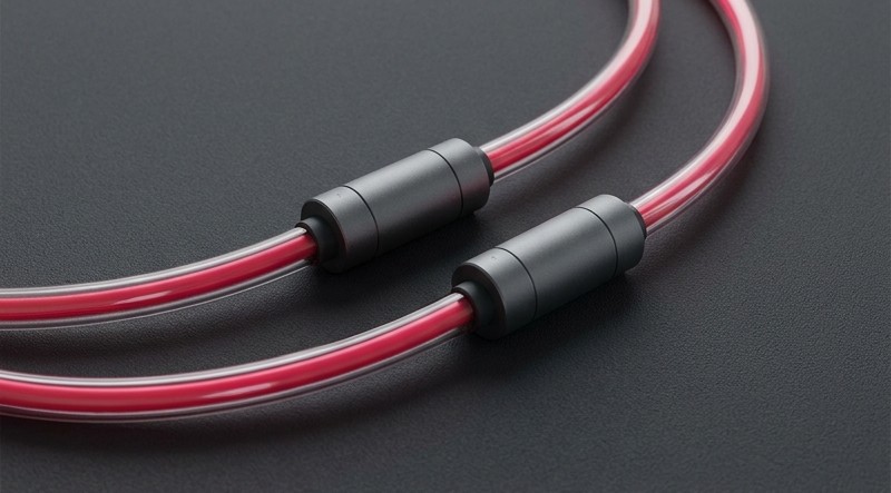 Conceptual AI illustration: Crimson optical lines passing through protective sleeves.