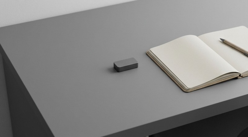Conceptual AI illustration: One compact module beside a blank review notebook.