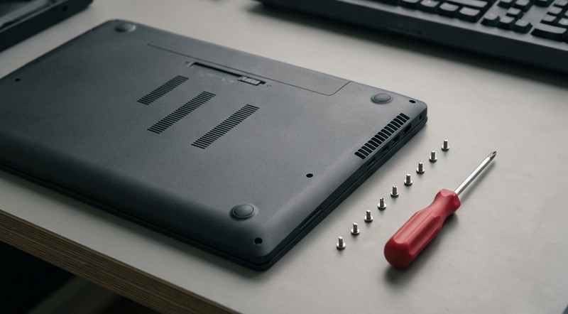 Conceptual AI illustration: A laptop underside beside neatly arranged screws and a red screwdriver.