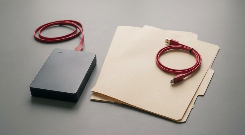 Conceptual AI illustration: A separate backup drive, blank papers, and crimson cables.