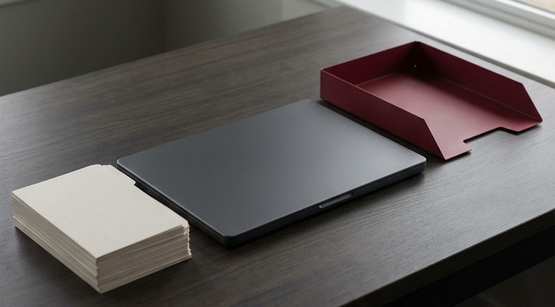 Conceptual AI illustration: An unbranded laptop beside file cards and a crimson tray.