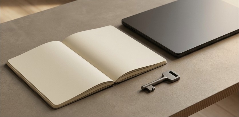Conceptual AI illustration: A blank privacy-review notebook beside a closed laptop and an unmarked key.