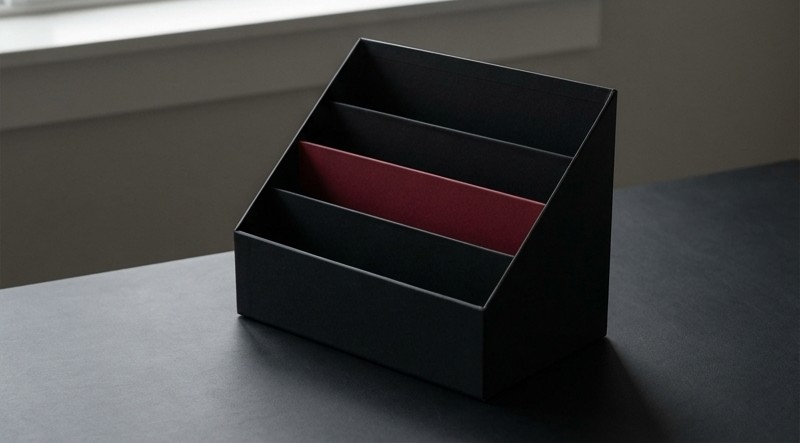 Conceptual AI illustration: A desktop organizer with a crimson divider.