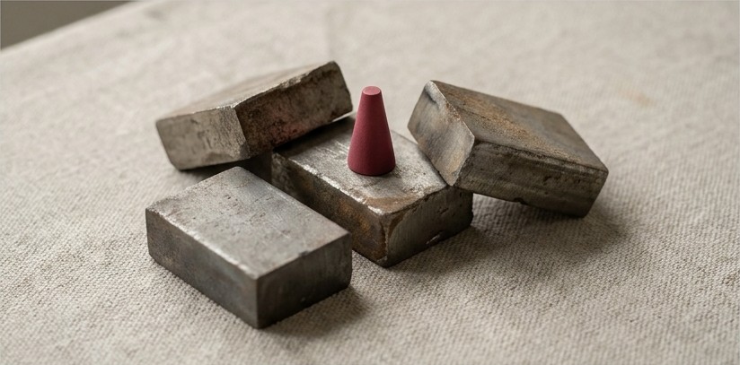 Conceptual AI illustration: Four metal samples with one isolated by a crimson marker.