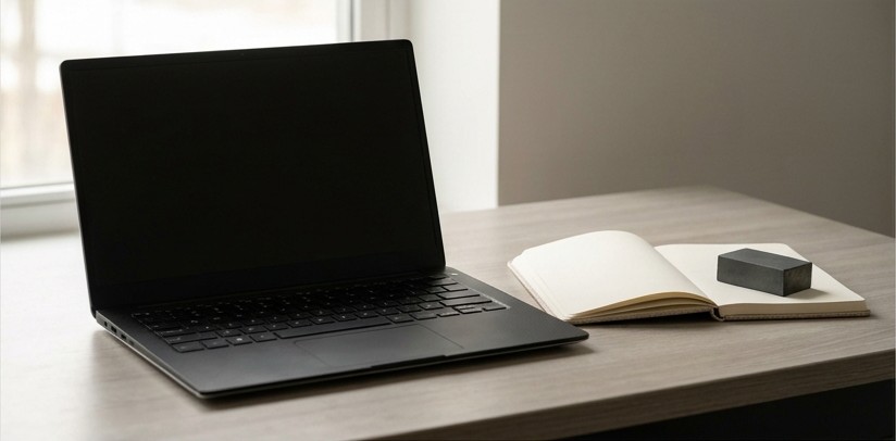 Conceptual AI illustration: A blank-screen laptop beside a testing notebook and one sample block.
