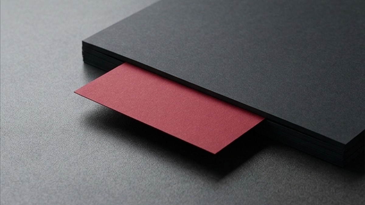 Conceptual AI illustration: A crimson slip protruding from blank charcoal project papers.