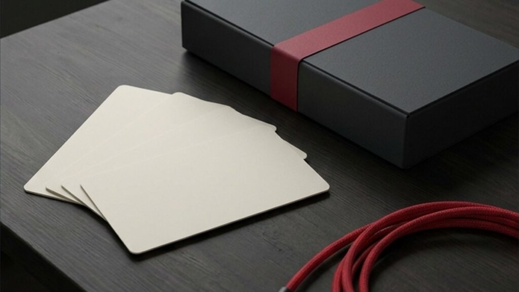 Conceptual AI illustration: Blank cards beside a sealed storage box and red cable.