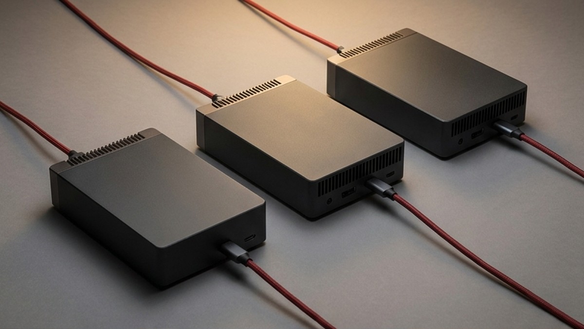 Conceptual AI illustration: Three charcoal processing modules connected by crimson cables.