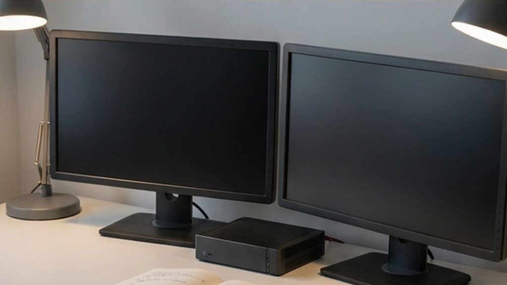 Conceptual AI illustration: A blank-screen developer workstation with a compact server.