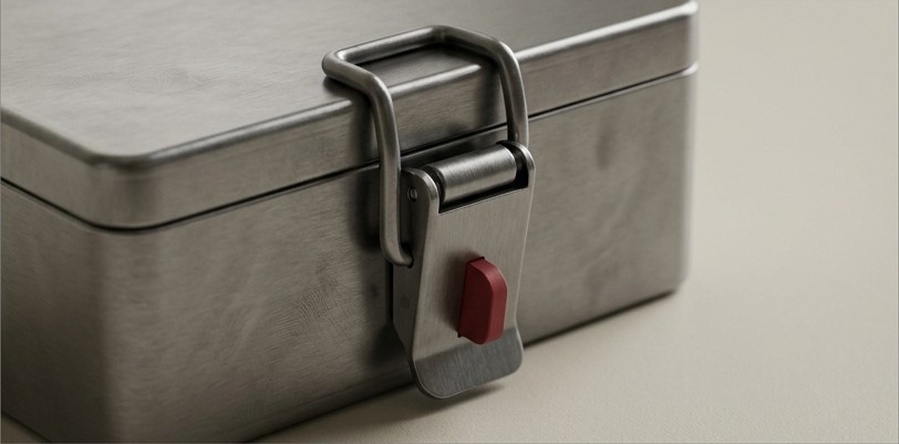 Conceptual AI illustration: A steel case secured by a latch with one crimson tab.