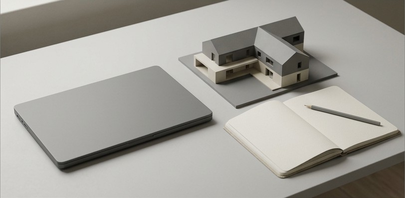 Conceptual AI illustration: A multi-wing house model beside a closed laptop and blank planning notebook.