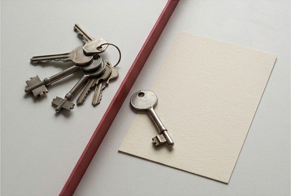 Conceptual AI illustration: Unmarked metal keys divided from one key on a blank inventory card.